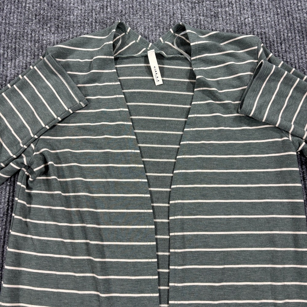Gilli Open Front Cardigan Womens Small Green Striped Elbow Patch T7862‎